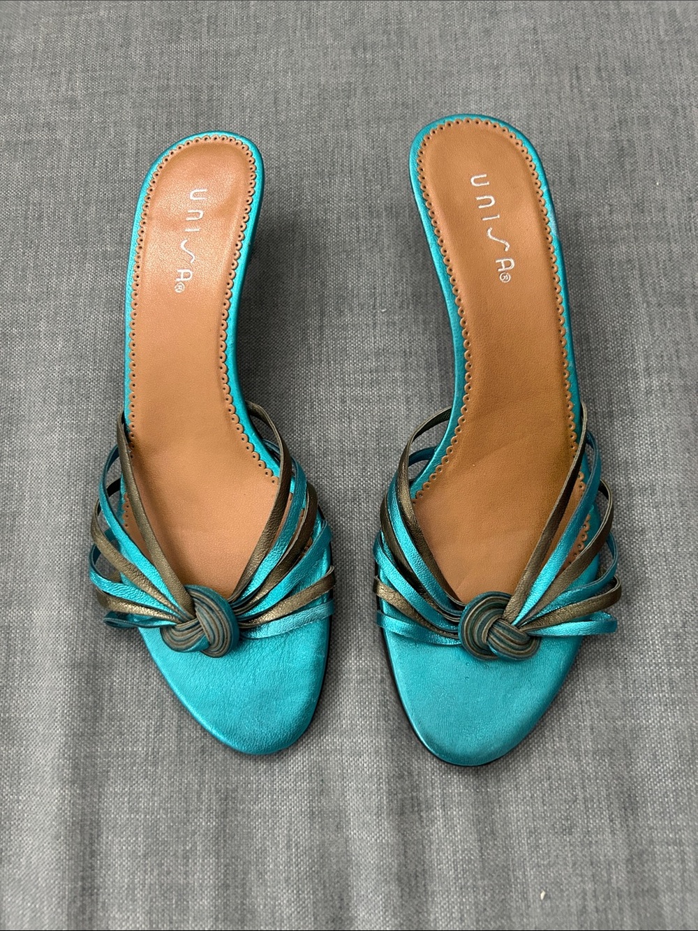 Unisa Turquoise Slide Sandals with Metallic Knot Detail